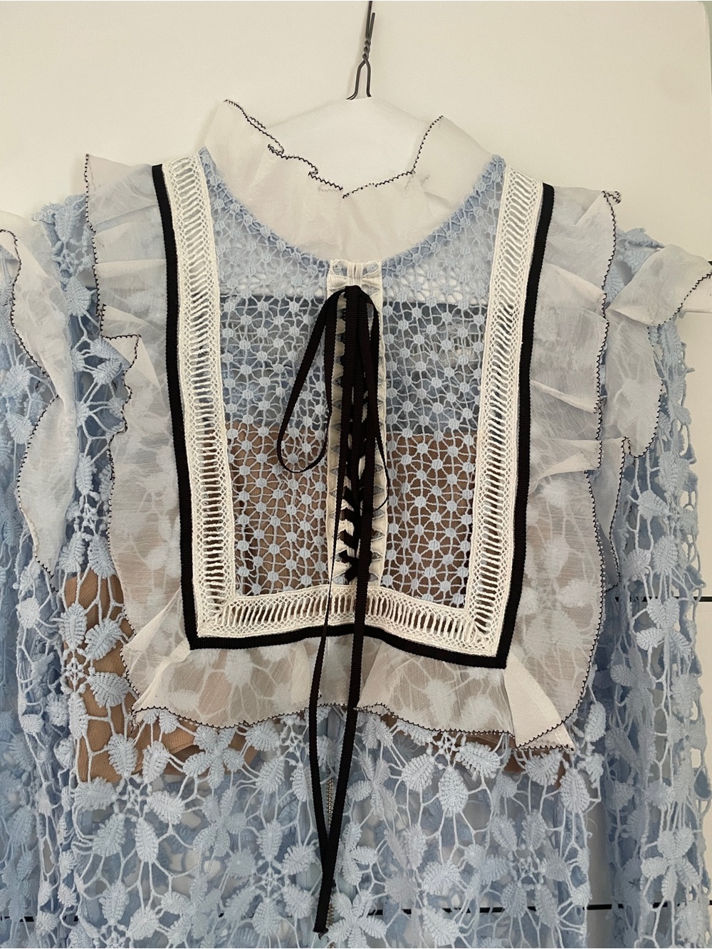 Self-Portrait Blue Lace Floral High-Neck Blouse with Contrast Bib - Picture 3 of 6